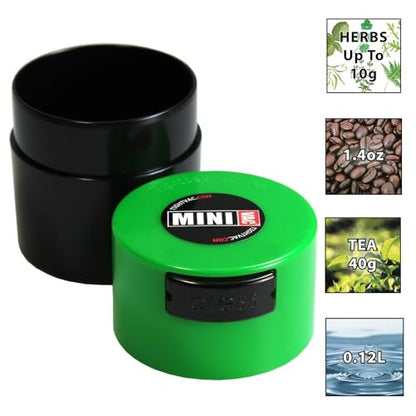 Minivac - 10g to 30 grams Airtight Multi-Use Vacuum Seal Portable Storage Container for Dry Goods, Food, and Herbs - Green Cap & Black Body