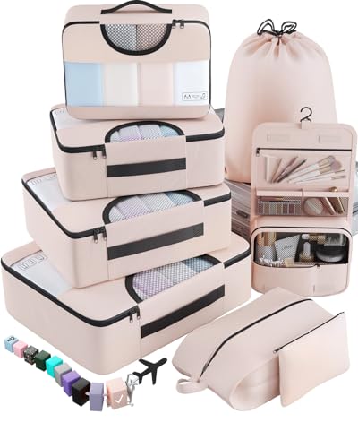 Veken 8 Set Packing Cubes for Travel Essentials, Suitcase Organizer Bags in 4 Sizes, Carry-On Luggage Accessories with Laundry Bag, Airplane Must Have, Gifts for Women Men - color: 01 Cream
