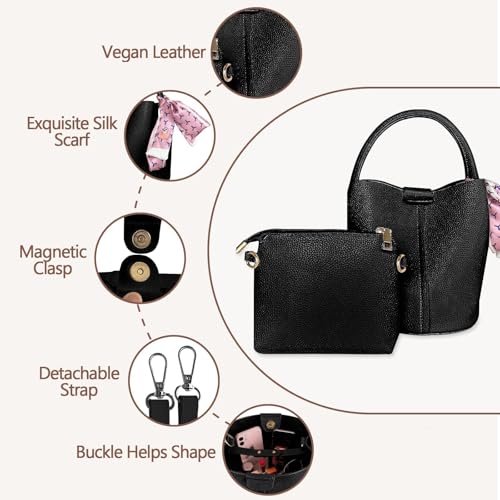 Vegan Leather Bucket Bag for Women Crossbody Bucket Purse with Removable Fashion Bucket Handbag - color: Black