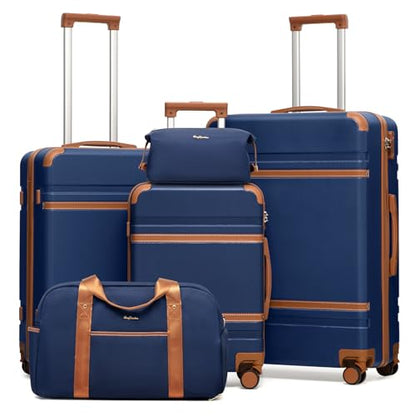 LONG VACATION Luggage Sets 5 Piece, Suitcases With Wheels, PC+ABS Hardshell Luggage Set with Spinner Wheels, TSA Lock (Navy Brown) - color: Navy Brown, size: 5 Piece Set (20, 24, 28 Inch)