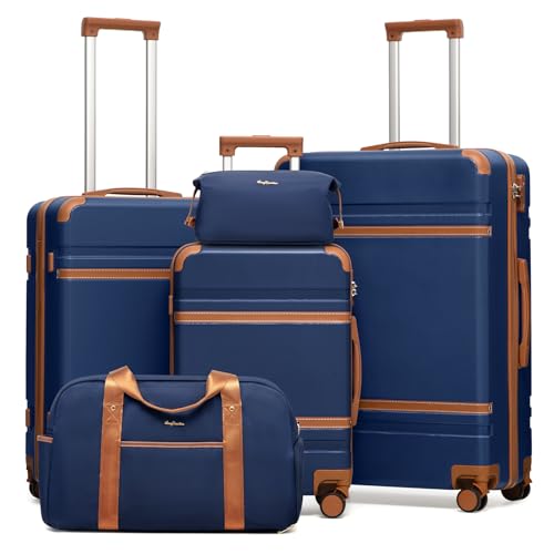 LONG VACATION Luggage Sets 5 Piece, Suitcases With Wheels, PC+ABS Hardshell Luggage Set with Spinner Wheels, TSA Lock (Navy Brown) - color: Navy Brown, size: 5 Piece Set (20, 24, 28 Inch)