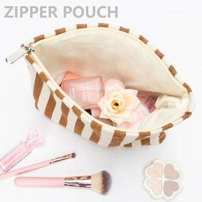 PAZIMIIK Makeup Bag Large Cotton Zipper Pouch for Purse Travel Canvas Make Up Organizer for Women Cosmetic,Stripe Coffee - color: Stripe Coffee