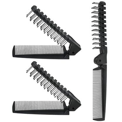 3PCS Travel Foldable Brush, Anti-Static Hair Comb and Double Headed Hairdressing Tool for Men & Women (Black) - size: 3 PCS