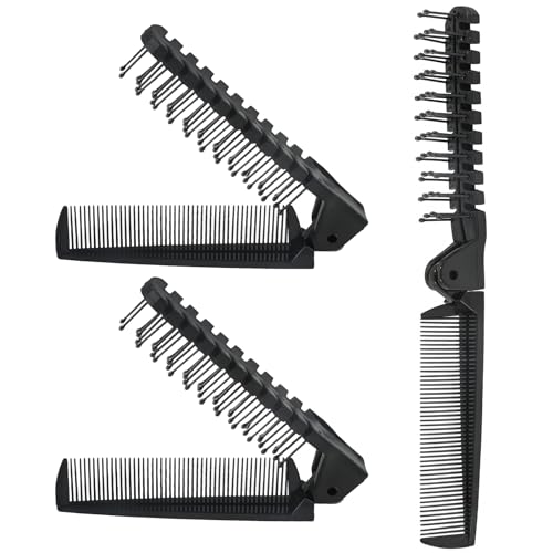 3PCS Travel Foldable Brush, Anti-Static Hair Comb and Double Headed Hairdressing Tool for Men & Women (Black) - size: 3 PCS