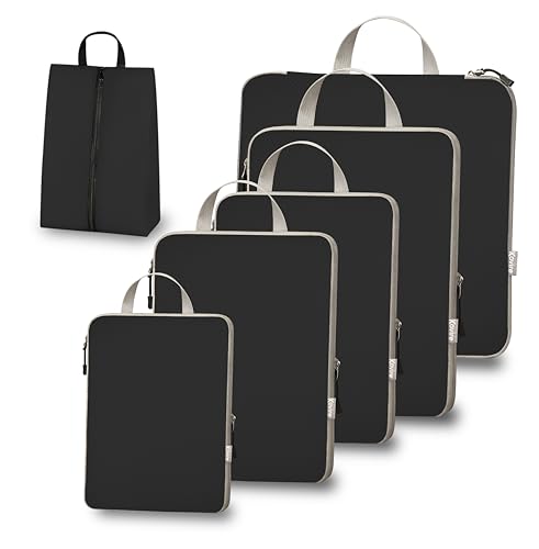 Compression Packing Cubes for Travel, Set of 6 Expandable Luggage Organizers with Shoe Bag, Lightweight Water-Resistant Suitcase Essentials for Carry-on & Checked Luggage, Black - color: Black, size: Set of 6