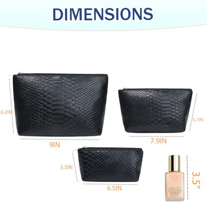 3 Pcs Makeup Bag Set for Women Black Soft Leather Travel Cosmetic Bag Make Up Pouch Small Travel Zipper Pouch,Water-resistant Makeup Organizer Bag for Women（Black） - color: Black