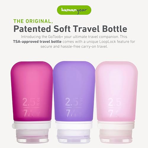 humangear GoToob+ Bottles - Silicone Leak-Proof Travel Tubes for Toiletries, Camping & TSA Carry-On (3-Pack), Medium (2.5 fl oz; 74ml), Rose/Lilac/Magenta - color: Rose/Lilac/Magenta, size: 2.5 Ounces