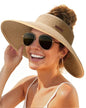 FURTALK Sun Hats for Women Wide Brim Beach Hat Straw Visor Ponytail Summer UV Packable Foldable Beach Vacation Essentials - color: Khaki