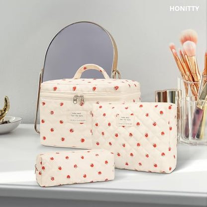 honitty Makeup Bag,Quilted Cosmetic Bags,Large Floral Make Up Organize bag,Makeup Bag Set for Women,Flower Travel Toiletry Bag - color: Strawberries