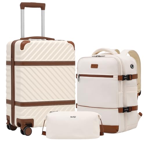 Coolife Luggage Set Suitcase Carry On Luggage PC Hardshell Luggage TSA Lock Spinner Wheels Telescopic Handle - color: White, size: 3 piece set (BP/TB/20)
