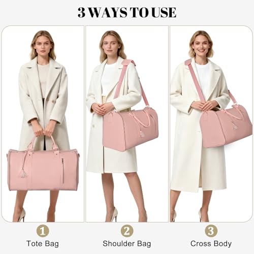 Geestock Garment Duffle Bags for Travel, Convertible Carry On Garment Bag with Shoe Pouch & Shoulder Strap, 2 in 1 Foldable PU Leather Suit Travel Bag for Women & Men, Pink - color: Pink