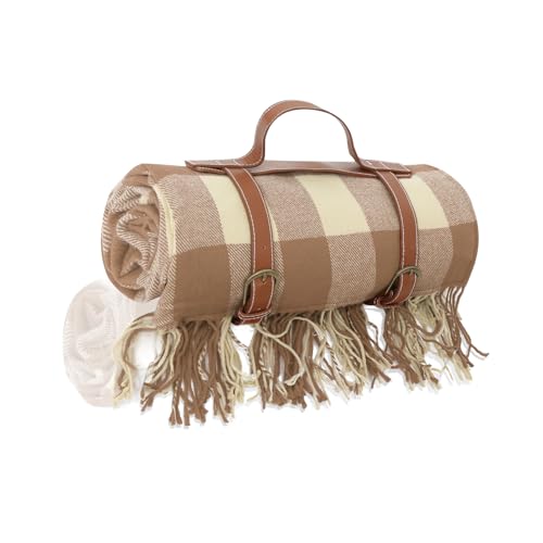 Picnic Blanket Extra Large Waterproof with Strap 59"x79" - Machine Washable Tassels Faux Wool Cashmere for Park, Grass, Camping, Hiking, Concerts (Coffee Plaid, 59"X79") - color: Coffee Plaid