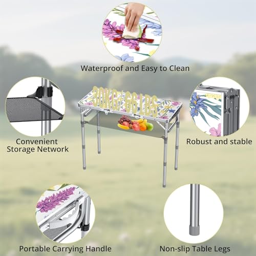Anbte 3ft Folding Camping Table with Storage Net & Bag, 3 Adjustable Height Max 27.5" Outdoor Folding Table Lightweight, Portable Handle for Outdoor Indoor Camping Beach RV Picnic, Blooming Floral - color: Spring Blossom
