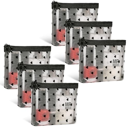6 Pack Mini Zipper Mesh Makeup Bags, Heart Print Nylon Cosmetic Bags Toiletry Bags for Office Travel Organization (Widened-Beige, XS) - color: Widened-Beige, size: XS