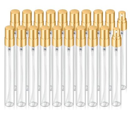 20Pcs 10ml Empty Clear Glass Mist Spray Bottle Refillable Mini Perfume Atomizer Travel Sample Bottle with Golden Aluminized Nozzle Makeup Container for Perfume (10ml Gold Caps) - color: 10ml Gold Caps