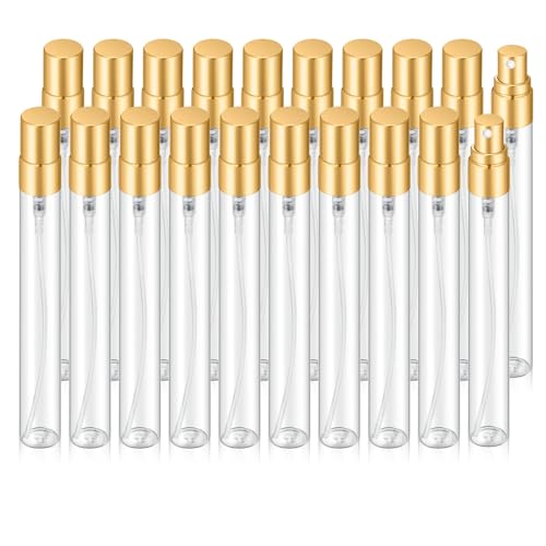 20Pcs 10ml Empty Clear Glass Mist Spray Bottle Refillable Mini Perfume Atomizer Travel Sample Bottle with Golden Aluminized Nozzle Makeup Container for Perfume (10ml Gold Caps) - color: 10ml Gold Caps