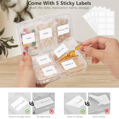 FYY Weekly Pill Organizer with Labels,8 Compartments Travel Daily Pill Case Airtight Moistureproof Large Pill Box to Hold Vitamins, Fish Oil, Supplements,Cotton Swab and Bandages-Clear - color: Clear