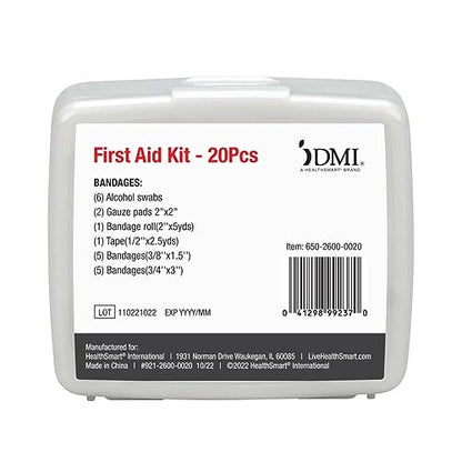DMI First Aid Kit, Mini 20 Piece Kit, Small and Compact All Purpose Use for Minor Cuts and Scrapes, Durable Water Resistant Case, Convenient and Portable, White, 1 Count - size: 20 Piece