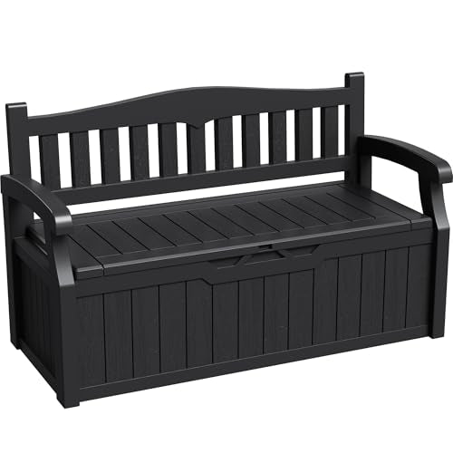 Greesum 80 Gallon Storage Bench Outdoor Deck Box with Armrest, Patio Furniture,Lockable, Waterproof and UV Resistant, Suitable for Garden, Pool, Black - color: Black, style: 80 Gallon