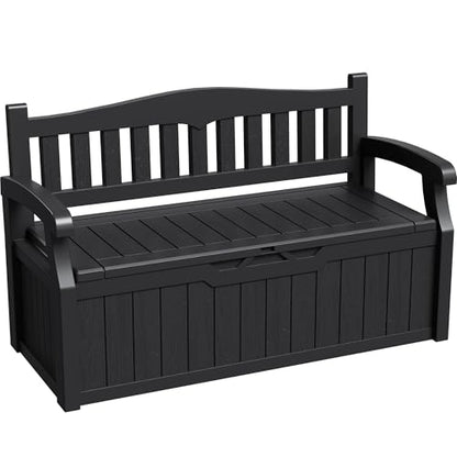 Greesum 80 Gallon Deck Box Storage Bench, Patio Furniture, Lockable, Waterproof and UV Resistant,with Armrest, Suitable for Garden, Porch, Poolside, Dark Black - color: Dark Black, style: 80 Gallon
