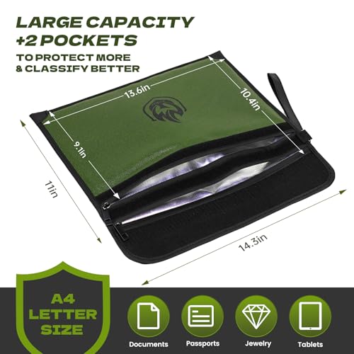 2 Pockets Fireproof Document Bag 6200°F, 10 Layers Waterproof Fireproof Money Bag for Cash with Reflective Strip, Heat Insulated Waterproof Document Holder Pouch, Fire Safe Storage (Green) - color: Green
