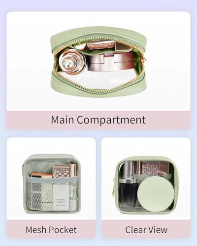 Wandering Nature Clear Makeup Bag for Purse Mini Make up Cute Cosmetic Bag Pouch for Women with Slip-in Pockets Travel Toiletry Essentials Eco Vegan Leather Organizer Bags(Patent Pending) - color: Green