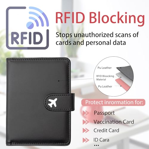 Passport Holder, Travel Wallet Cover with Pen Loop | Cute RFID Blocking Leather Case with Magnetic Closure for Travel Essentials-Black - color: S-Black