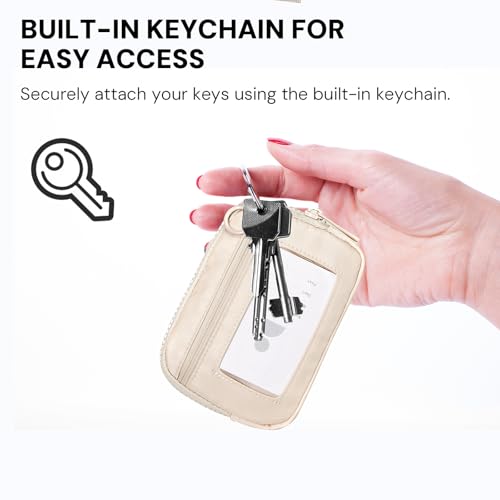 Beige Mini Zip Card Case for Women with Clear ID Window, Coin Purse, Lightweight Small Zipper Wallet,Portable Organizer - color: Light Beige