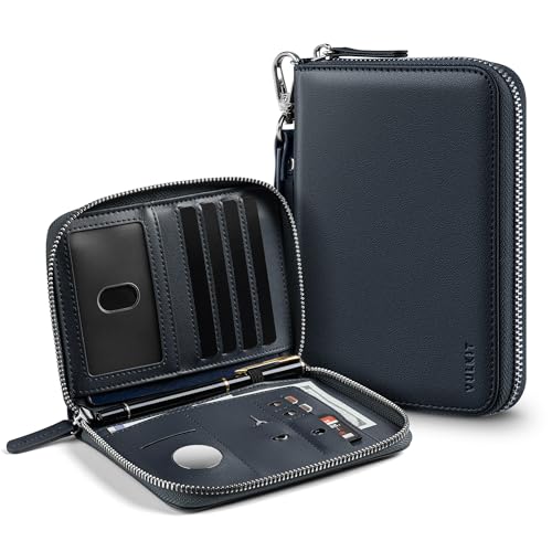 VULKIT Passport Holder for Travel with Airtag Slot, Premium Nappa Leather, RFID Blocking, Zipper Closure with Wrist Strap, Travel Document Organizer - color: Nappa Navy