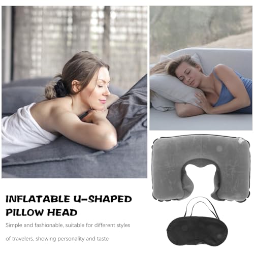 PRETYZOOM Inflatable Neck Travel Pillow Set with Blackout Eye Mask, U-Shaped Airplane Neck Pillow for Comfortable Sleep During Flights and Travel, Lightweight Gray Portable 3pcs Kit
