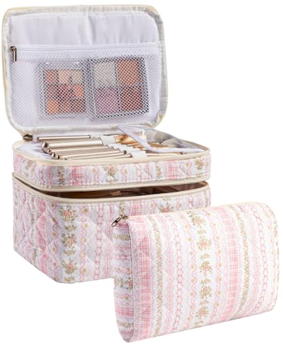 HBselect 2Pcs Travel Makeup Bag, Large Cotton Quilted Makeup Bag Cosmetic Bag Cute Make up Bag Toiletry Bags for Women Girls - color: 2PCS-Quilted Makeup Bag 3