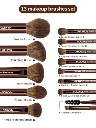 MAANGE 13 PCS Makeup Brushes Professional Make Up Brushes Premium Synthetic Powder Concealers Brushes Travel Makeup Brush Set with Case (Brown) - color: Brown