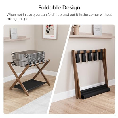 Smuxee Walnut Bamboo Luggage Rack Pack of 2, Foldable Suitcase Stand with Storage Shelf, Easily Assembled Luggage Stand with 5 Nylon-Straps for Guest Room Hotel Bedroom - color: Walnut 2PCS