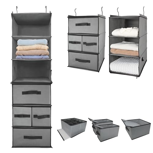 2-in-1 Durable 6-Tier Hanging Closet Organizer with 4 Removable Drawers,2 Separable 3-Tier Thickened Fabric Hanging Shelf Clothes Storage Organization Space-saving for Bedroom,Dorm,Guestroom,RV,Travel - style: Separable - 6 Tier by 2in1