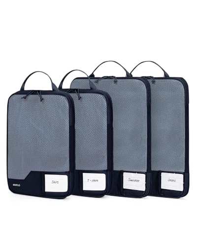 ECOHUB 4 Set Compression Packing Cubes for Travel Essentials, Suitcases Organizer Bags with Tag, Travel Bags Organizer for Luggage, Navy Blue-Compress - color: Navy Blue-Compress