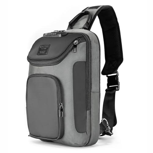 reeyee Anti-Theft Sling Bag with Lock, Waterproof Crossbody Backpack Fits 11 inch Tablet, Men's Shoulder Chest Bag - color: Gray