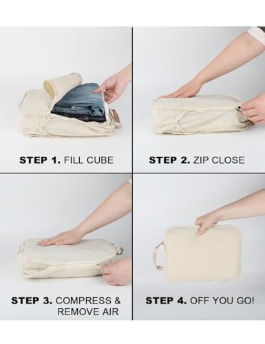 4 Set Compression Packing Cubes, Expandable Travel Organizer Bags, Water-Repellent Nylon, Space-Saving Luggage Set for Suitcase, Carry-on, Home Storage (4, Beige, Compression) - color: Beige