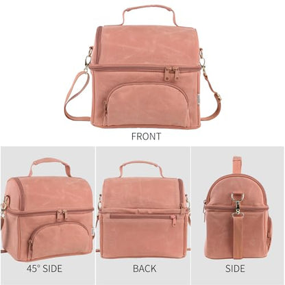 Waxed Canvas Lunch Bag with 2 XL Ice Packs, Canvas Lunch Box, Lunch Cooler for Men Work, 10.5L 2 Compartments Insulated Leakproof Cooler Bags for Camping, Beach and Road Trips - color: Mellow Rose