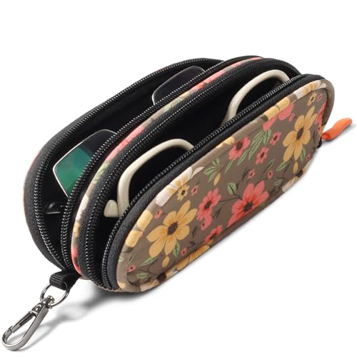 Double Eyeglasses Case Soft Portable Zipper Sunglasses Pouch with Keychain Clip for Men Women - color: Brown Flower