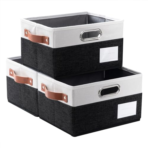 PRANDOM Foldable Storage Bins with Handles [3-Pack] Fabric Collapsible Storage Boxes Baskets Cubes Containers with Handles for Closet Living Room Bedroom (Black & White 11.5x8.5x6.7'') - color: Black & Cream, size: Medium(3-Pack)