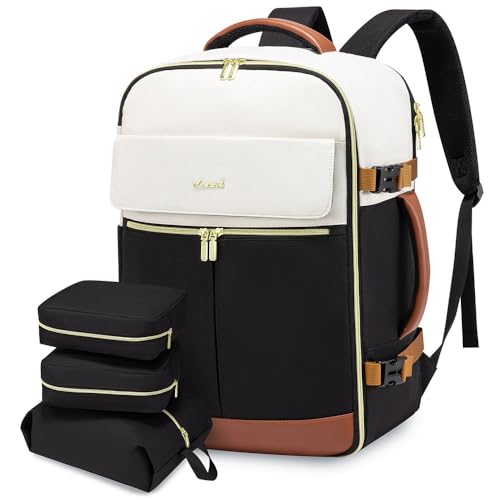 LOVEVOOK Travel Backpack for Women, TSA Carry On Backpack Flight Approved Luggage, 50L Water Resistant Personal Item Daypack Large Weekender Bag fit 18 inch Laptop with 3 Cubes, Beige-black-brown - color: Beige-black-brown, size: 50L-18 Inch-4Pcs