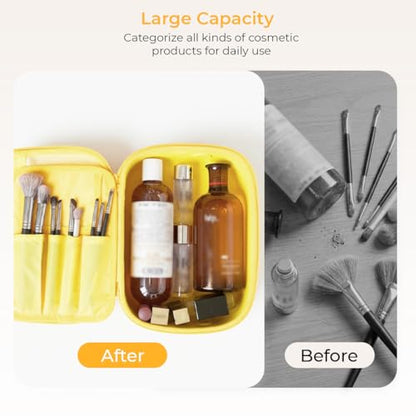 Hard Shell Makeup Case, Waterproof Travel Makeup Organizer with Adjustable Dividers & Brush Holder, Portable Cosmetic Bag with 360° Rotating Handle, Large Capacity Cute Makeup Case for Women