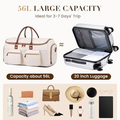 Convertible Garment Bag for Travel, PU Leather Carry On Garment Duffle Bag for Men Women, 2 in 1 Suit Travel Bags for Hanging Clothes with Shoe Compartment - color: Beige