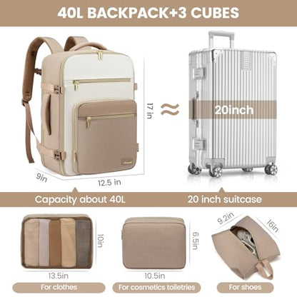 LOVEVOOK Travel Backpack For Women,40L Carry On Backpack Flight Approved,TSA Personal Item Travel Bag Fits 17 Inch Laptop,Business Weekender Overnight Daypack with Back Pad and Chest Buckle,Cubes - color: Off-white and Khaki, size: 17.3 Inch-40L-4Pcs