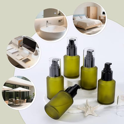 Segbeauty 2oz Frosted Glass Travel Lotion Container Refillable, 5pcs Small Travel Containers for Creams, 60ml Mini Empty Lotion Bottles with Pump Dispenser, Cosmetic Containers Bottle for Oils Creams - color: Green, style: 5pcs 2oz