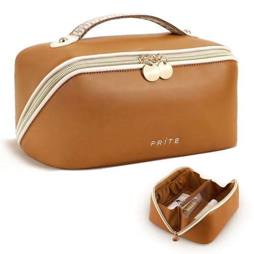 Prite Makeup Bag for Women Travel Waterproof Vegan Leather Cosmetic Bag Open Flat Toiletry Bag With Clear Divider and Handle (New Brown, Medium) - color: New Brown, size: Medium