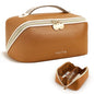 Prite Makeup Bag for Women Travel Waterproof Vegan Leather Cosmetic Bag Open Flat Toiletry Bag With Clear Divider and Handle (New Brown, Large) - color: New Brown, size: Large