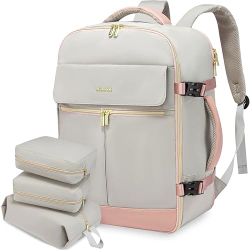 LOVEVOOK Carry On Backpack, 40L Travel Backpack Women with 3 Packing Cubes, TSA Airline Approved Suitcase Bag as Personal Item, Waterproof 17 inch Laptop Backpack for Weekender Overnight,Grey Pink - color: Grey Pink, size: 40L-17.3 Inch-4Pcs