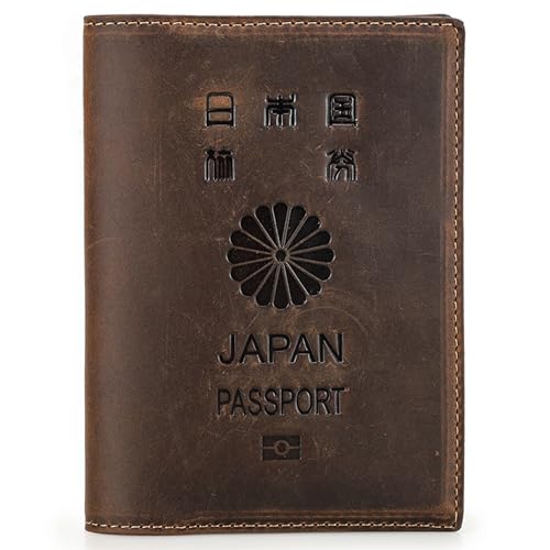 Top Grain Leather Single Travel Passport Wallet Embossing Badge for Unisex, Folio Design for Passport & Multi Cards, RFID Blocking for Passport/Cards/Checks/Bills/AirTag, Coffee Default, JP - color: 【JP】Japan Cover-Default Coffee, size: Badge Embossed Cov