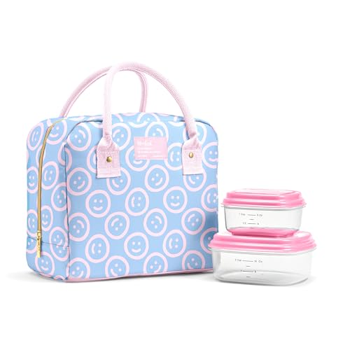 Fit & Fresh Bloomington Lunch Bag for Women - Insulated Large Lunch Box for Work with Containers, Leak-Resistant, Stain-Resistant, Zipper Closure, All Smiles Bubble Gum - color: Bubble Gum, size: One Size
